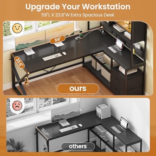 SEDETA L Shaped Gaming Desk with Storage Shelves, 2 Drawer, LED Light - Image 5