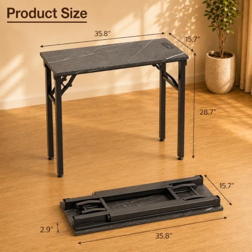 Folding Table Computer Desk - 35.8" No Assembly Folding Desk with Power Outlets & USB Charging Port, Small Desk, Foldable Office Desk, Compact Storage Portable Use for Small Space, Marble Greige - Image 3
