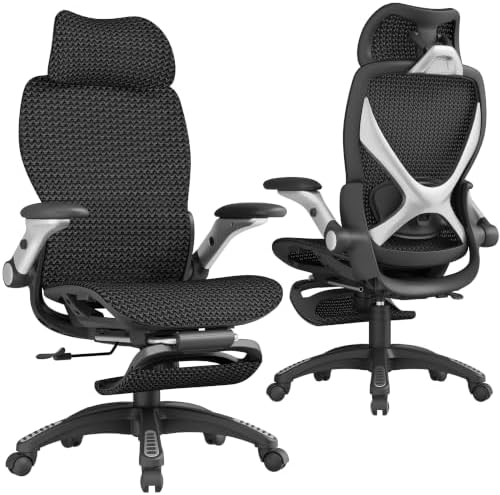 ELABEST X100 Ergonomic Mesh Office Chair with Footrest, Big and Tall Home Desk Chair with 5D Flip-Up Arms, Adjustable 3D Lumbar Support, Gaming & Executive Computer Chair (Wave Black) by ELABEST