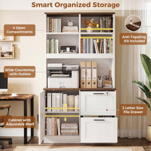 Vertical File Cabinet Bookcase with Printer Stand & Charging Station, White - Image 7