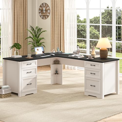 Vabches Wood L Shaped Executive Desk with 6 Drawers, Farmhouse Home Office Desk with Power Outlets and Triangle Under-Desk Storage Shelf & Drawer File Cabinet, Corner Computer Desk, Black - Image 7