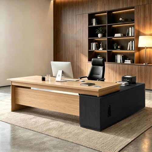 L Shaped Executive Desk with Drawers, Large Wood Workstation, Modern Executive Office Furniture for Home Office and Business Workspace, Multiple Sizes & Colors by Unknown