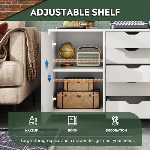 DEVAISE 5-Drawer Wood Drawer Cabinet, Office Storage Cabinet, White - Image 5