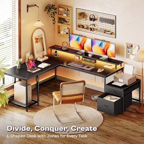 PRAISUN 66" L Shaped Gaming Desk with LED Lights & Power Outlets - Image 6