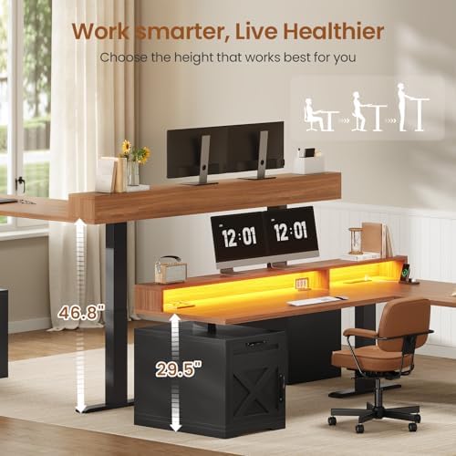 SEDETA Farmhouse L Shaped Standing Desk, 70.1" x 73.2" Height Adjustable Home Office Executive Desk with Drawers, Power Outlet, Monitor Stand, Sit Stand Table with Led Lights for Home Office, Black - Image 3