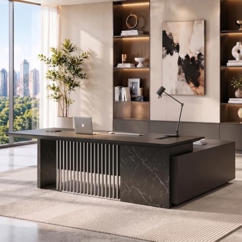 86.6” Luxury Executive Desk, L Shaped Office Desk with Storage & Wireless Charging, Marble Texture Modern CEO Desk with 304 Stainless Steel Grille, for CEO Office & Designer Home Office (Left) by SAINTCY