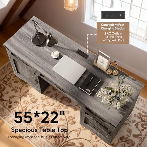Decofy Farmhouse Executive Desk with Drawers, 55" Home Office Desks with Fast Charging Station, Lockable File Cabinet, Wood Writing Computer Desk for Work, Study, Grey - Image 6