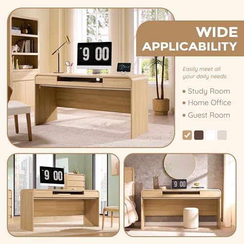 63" Modern Computer Desk with 2 Drawers, Wood Curved (Natural) - Image 5