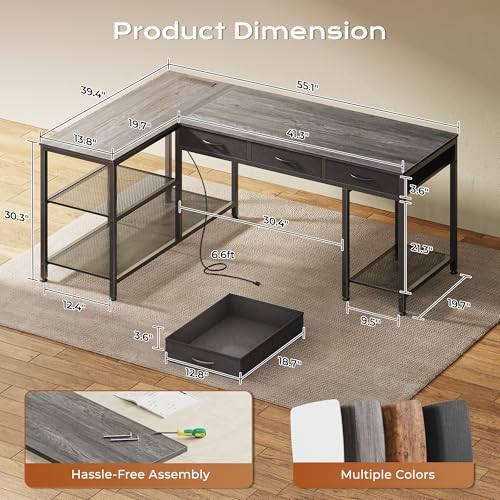 PRAISUN 55 Inch L Shaped Office Desk with Power Outlets and Type-C Port, Large Computer Gaming Desk with 3 Fabric Drawers, Mesh Shelves, Corner Study Work Writing Desk, Grey - Image 3