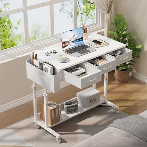 White Portable Rolling Computer Desk - 40 Inch Adjustable Mobile Standing Teacher Desks with 3 Fabric Drawers on Wheels, Couch Sofa Side Laptop Stand Up Table with Storage for Home Office, White - Image 2