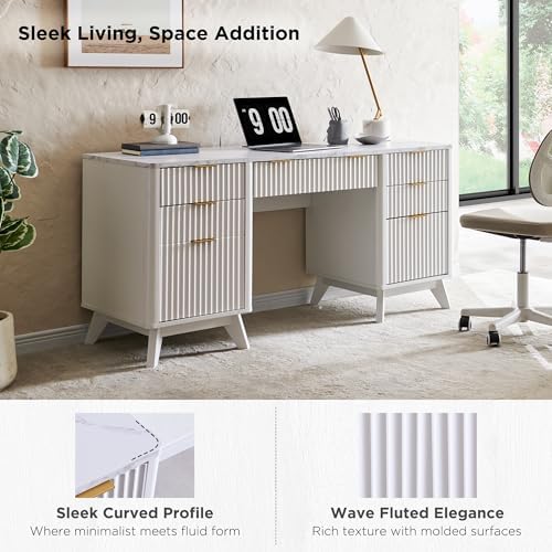 T4TREAM 60" Modern Fluted Executive Desk with Drawers, White - Image 3