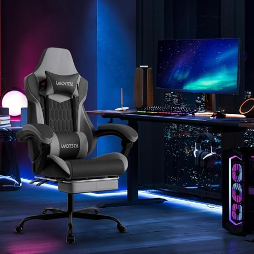 Gaming Chair with Footrest, High Back Gaming Chairs PVC Leather Ergonomic Gamer Chair with Adjustable Headrest Lumbar Support Racing Style Video Gaming Chair for Office/Home (BlackGrey) - Image 2