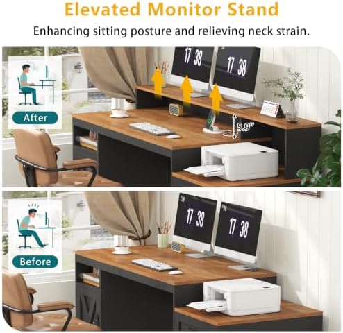 65" Farmhouse Computer Desk with Drawers and Printer Stand for Home Office - Image 7
