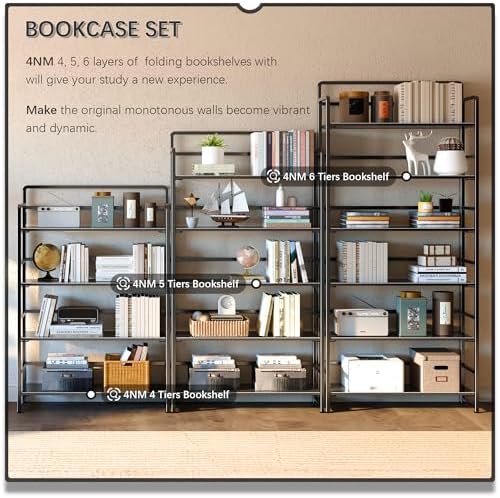 4NM No Assembly Extra Wide 4 Tier Folding Bookshelf Storage Shelves Vintage Bookcase Standing Racks Study Organizer Home Office - Image 5