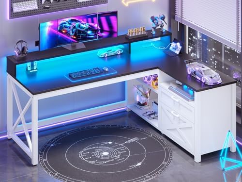 SEDETA Corner Computer Desk, 55" L Shaped Gaming Desk with Storage Drawers and Power Outlet, Farmhouse Corner Gaming Desk with Storage Shelves and LED Lights for Home Office, Black by SEDETA