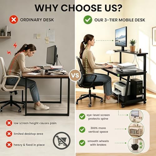47.2 Inch Compact Rolling Computer Desk with Tier Worktable & Lockable Wheels, Small Computer Desk, Small Desk for Bedroom, Mobile Writing Workstation Easy Assembly for Home Office Small Spaces - Image 5