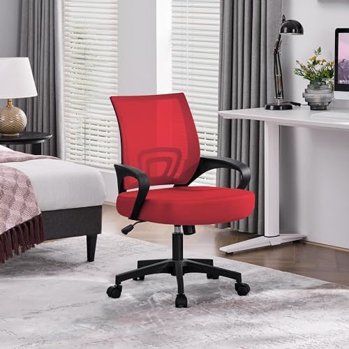 Yaheetech Mid Back Mesh Computer Office Desk Chair Adjustable Swivel, Red - Image 2