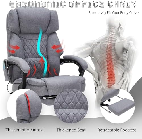 Massage Office Chair with Foot Rest 6 Points Vibration and Heat Home Office Desk Chairs for Heavy People 400lbs Reclining Managerial Chairs Ergonomic Executive Chair (Grey) - Image 6