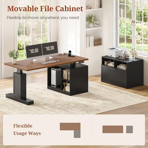 Farmhouse L Shaped Standing Desk with Lateral File Cabinet, 55.1" X 54.3" Electric Executive Desk Adjustable Height with Power Outlets, Shelves, Sit Stand Corner Computer Desk for Home Office, Black - Image 5