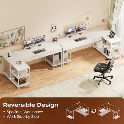 PRAISUN 63 Inch L Shaped Office Desk with Power Outlets and Type-C Port, Large Computer Gaming Desk with 3 Fabric Drawers, Mesh Shelves, Corner Study Work Writing Desk, White - Image 4
