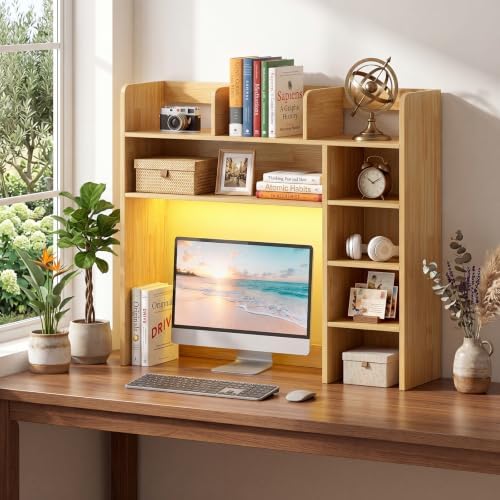 LDAILY Desktop Bookshelf with LED Lights, 35.5’’ Wooden Desk Shelf with 8 Cubes & 3 Adjustable Storage Shelves, 5-Tier Desk Hutch for Dorm College Office Computer Monitor Up to 25’’(Burlywood) by LDAILY