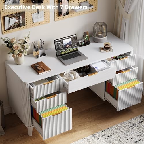 55.1" Fluted Executive Desk with Drawers, Wood Computer Desk with Storage Cabinet, Home Office Desk with Charging Station, Farmhouse Desk with File Cabinet for Office Home (White) - Image 6