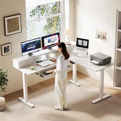 OffiGo 59 Inch L Shaped Electric Standing Desk with Drawers, White - Image 2