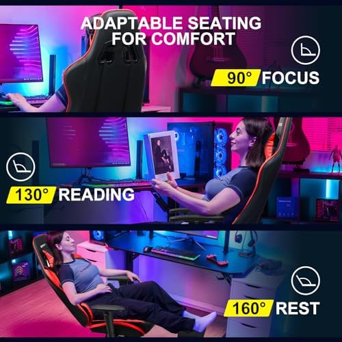 GTPLAYER Gaming Chair with Footrest, Ergonomic Computer Game Desk Chair, Reclining Gamer Chair Seat Height Adjustment, Swivel Rocker with Headrest and Lumbar (Brickred) - Image 4
