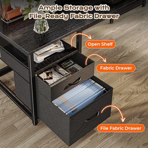 PRAISUN 55 Inch L Shaped Desk with Power Outlets and USB-C Port, Computer Corner Home Office Desk with File Fabric Drawers and Movable Monitor Stand, Larger Storage for Gaming, Work, Black - Image 5