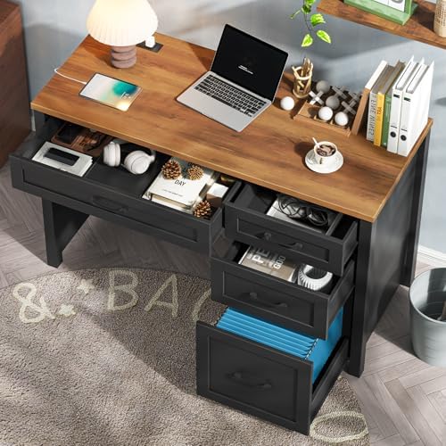 Farmhouse 47" Executive Desk, Computer Desk with File Drawer, Black Brown - Image 4