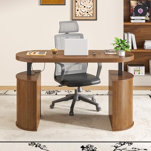 Mid Century Modern Electric Standing Desk with Storage, 55 x 22 Inch Small Sit Stand Up Desk, Wood Adjustable Height Computer Executive Desk for Home Office, Laptop, Walnut - Image 5
