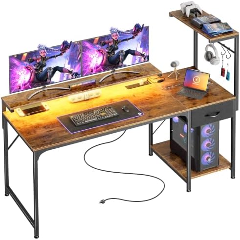 PRAISUN 55.1 Inch Gaming Desk with LED Lights & Power Outlets by PRAISUN