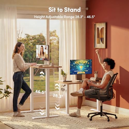 Cubiker Standing Desk, 32" Small Sit Stand Home Office Desk, Electric Stand up Desk, Adjustable Desk with Splice Board, White Frame/Maple Top - Image 5
