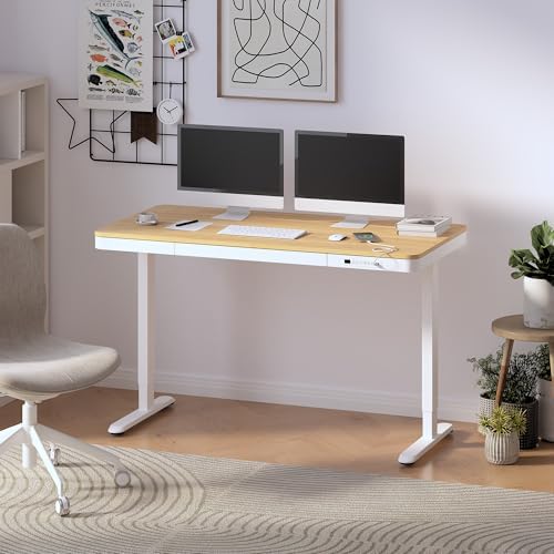 FLEXISPOT Comhar 55" Electric Standing Desk with Drawers, USB Charging Ports, Quick Assembly, Height Adjustable Sit Stand Computer Desk with Child Lock for Scandinavian Home Office, Maple - Image 2