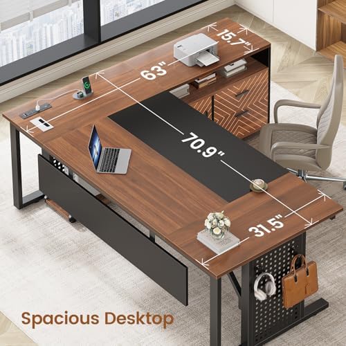 SEDETA 71" Executive Desk with Rolling File Cabinet, Large Office Desk with Drawers, L Shaped Computer Desk with Power Outlets, CPU Stand, Pegboard and Storage Shelves, Brown - Image 4