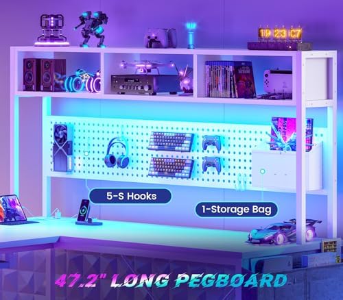 SEDETA White L Shaped Gaming Desk with Hutch, Power Outlet and Pegboard - Image 4