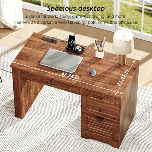 Ieejdn 47" Home Office Desks, Executive Desk, Farmhouse Computer Desk with Drawers and Charging Station, File Drawer, Storage Cabinet, Rustic Computer Writing Desk,Antique Tan - Image 2