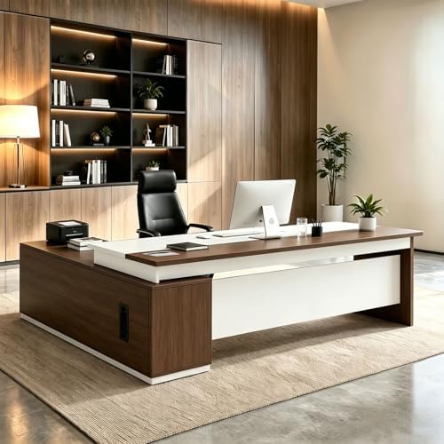 L Shaped Executive Desk with Drawers, Large Wood Workstation, Modern Executive Office Furniture for Home Office and Business Workspace, Multiple Sizes & Colors by Unknown