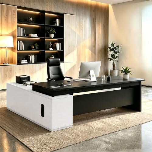 L Shaped Executive Desk with Drawers, Large Wood Workstation, Modern Executive Office Furniture for Home Office and Business Workspace, Multiple Sizes & Colors by Unknown