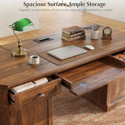 59" Classic Executive Desk with Storage, Victorian Executive Desk with Charging Station, Keyboard Tray, 3 Drawers & 2 Cabinet Storage & 2 Pedestals, Easy Assembly, Dark Walnut - Image 4