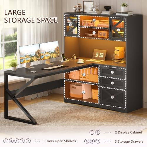 59" Farmhouse L Shaped Gaming Desk with Storage Drawers, LED Lights, Outlet - Image 7