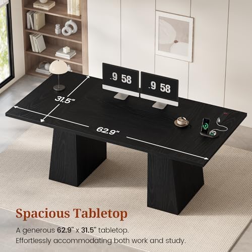 UPOSOJA 63 in Executive Desk with Power Outlets, Modern Home Office Desk with Storage Cabinet, Wood Computer Desk Business Workstation Desk Conference Table Black - Image 4