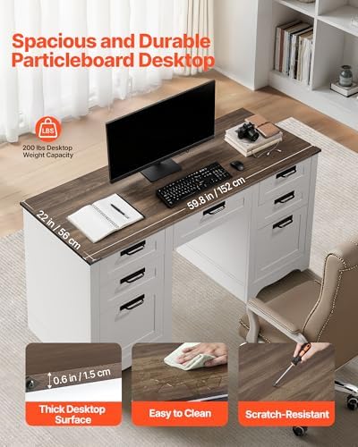 VEVOR 60" Executive Desk with Drawers, Farmhouse Home Office Desk with Charge Station, Keyboard Tray, File Storage Cabinet, 200 LBS Load Capacity Wood Table, Easy Assembly, for Work Study, Walnut - Image 6