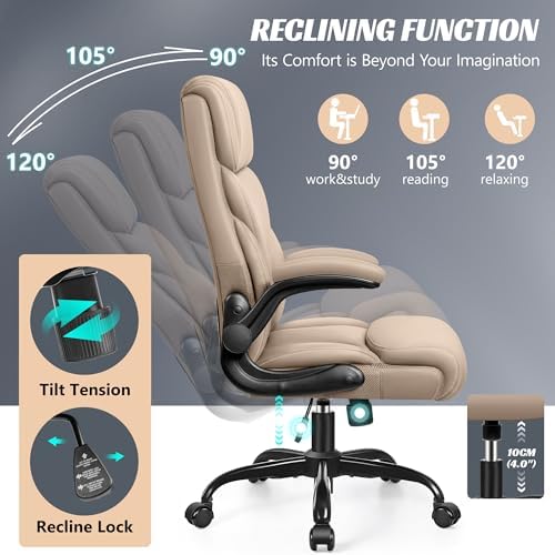 HeroSet Office Chair, Ergonomic Big and Tall Computer Desk Chairs, Executive Breathable Leather Chair with Adjustable Flip-up Armrests, Lumbar Support Swivel PC Chair with Rocking Function,Khaki - Image 5