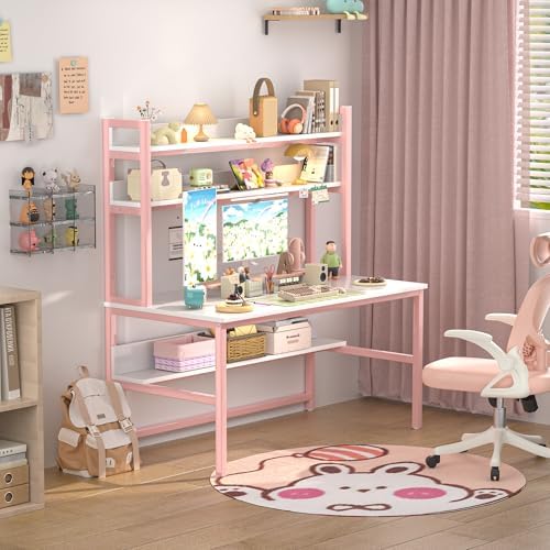 Aquzee Pink Desk with Shelves, Computer Desk with Hutch, 55 Inch - Image 6