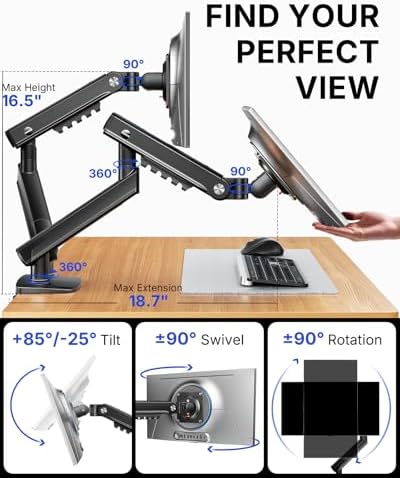 HUANUO FlowLift Pro Dual Monitor Mount for 13–27" Screens, MechaSpring Monitor Stand, Adjustable Monitor Arms for 2 Monitors with Tilt/Swivel/Rotation, Tool-Free VESA Mount, Max Load 15.4 lbs - Image 4