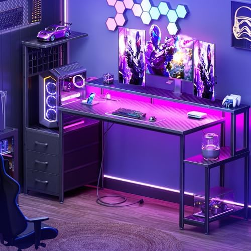 Korfile 55 Inch Gaming Desk with Bluetooth LED Lights & Power Outlets,Computer Desk with Fabric Drawers & Hooks,Reversible Gamer Table with Monitor Stand for Game Room,Home Office,Carbon Fiber Black - Image 2