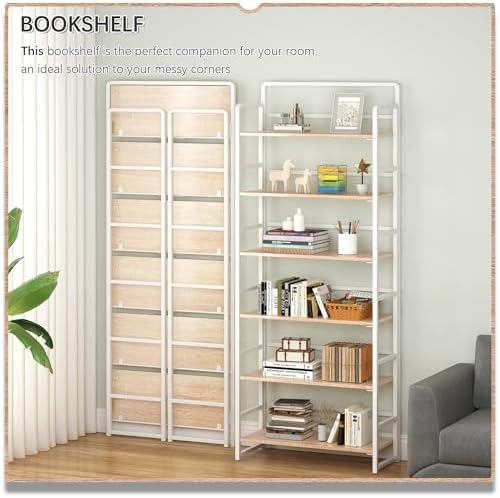 4NM No Assembly 6 Tier Folding Bookshelf Tall Storage Shelves Vintage Bookcase Standing Racks Study Organizer Home Office - Image 3
