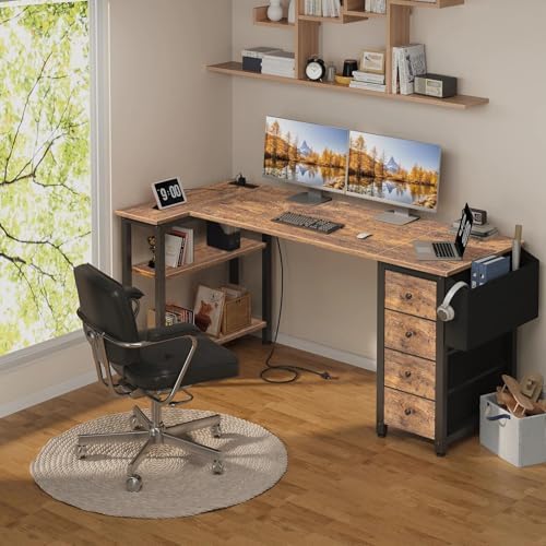 Lufeiya L Shaped Computer Desk with Drawers & Storage Shelves, 63 Inch Corner Desk with Power Outlet for Home Office Bedroom, L-Shaped Teen PC Gaming Desks with Fabric Drawer, Rustic Brown - Image 2