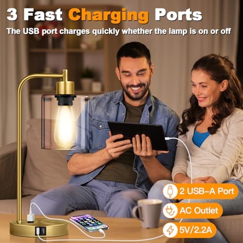 Nintiue Industrial Touch Table Lamps Set of 2-2 USB Ports & AC Outlet Nightstand Lamps, 3-Way Dimmable Bedside Desk Lamp for Living Room Bedroom, Glass Shade & 2 LED Bulbs Included - Brass - Image 5